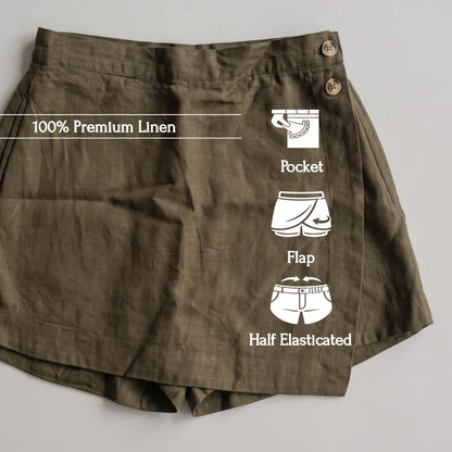 Olive linen skort features: pocket, flap, half elasticated waist