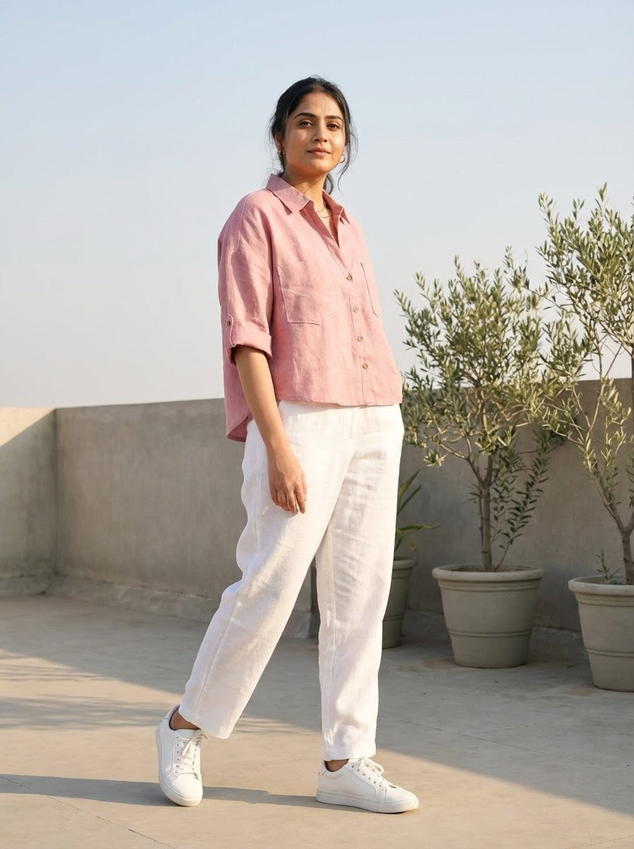 Oversize Boxy Crop Shirt - Women- 100% Premium Linen - Rose