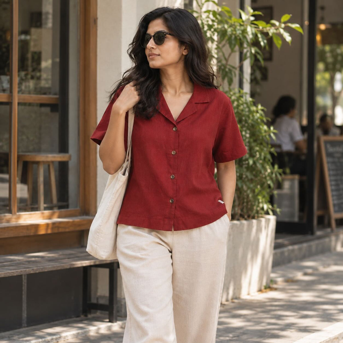 100% Pure Linen Open Collar Half Sleeve Shirt for Women - Maroon