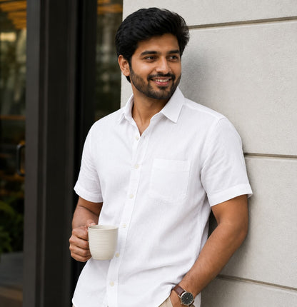 Linen Half-Sleeve Regular Collar Shirt for Men- White