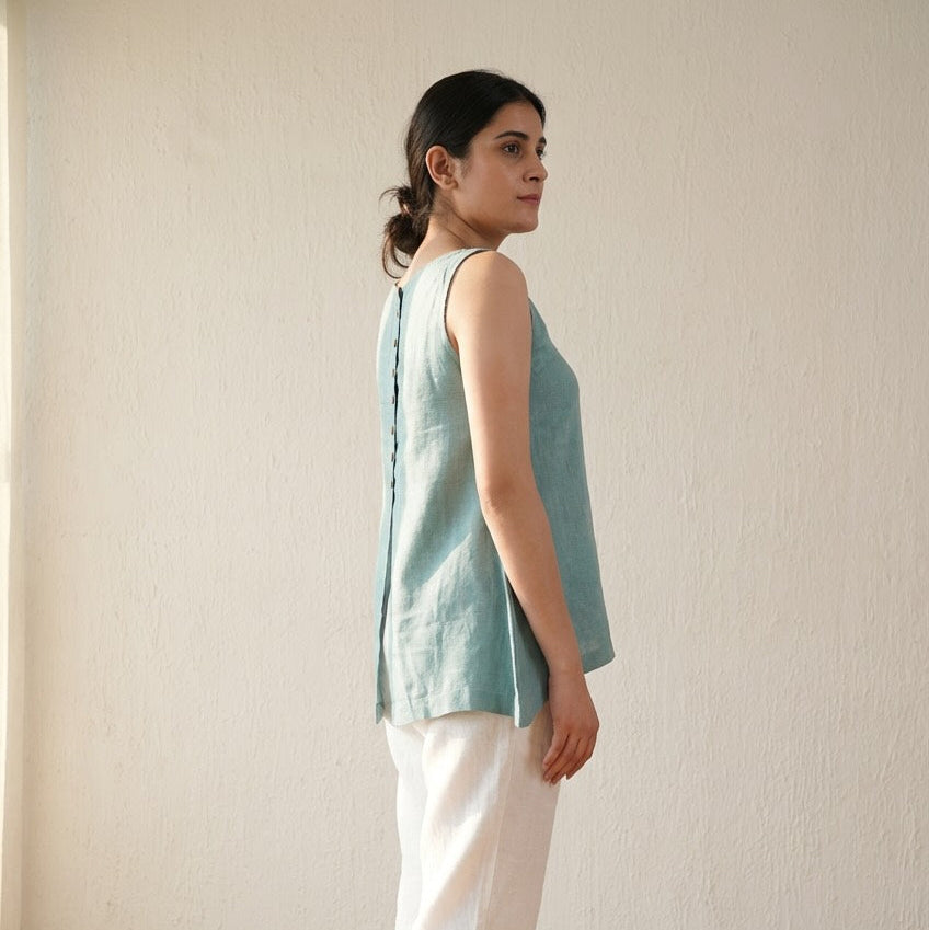 Linen Asymmetrical Top for Women- Muted Sage