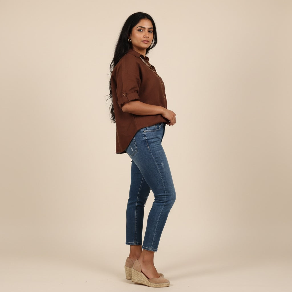 Oversize Boxy Crop Shirt - Women- 100% Premium Linen - Brown