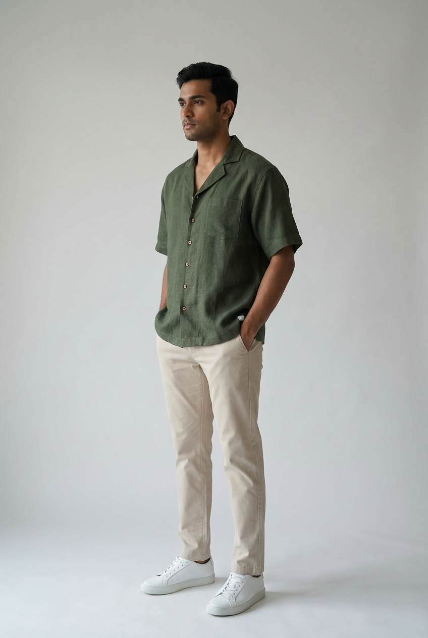 Resort Collar Short Sleeve Shirt - 100% Premium Linen - Men - Olive