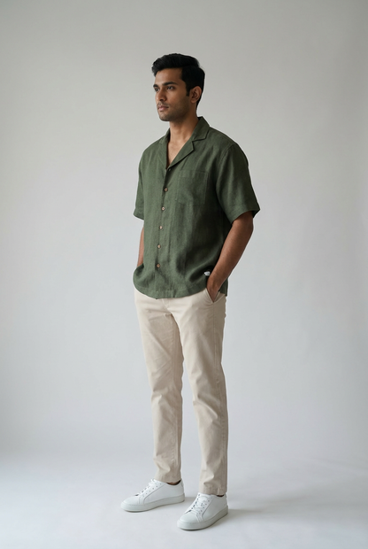 Resort Collar Short Sleeve Shirt - 100% Premium Linen - Men - Olive