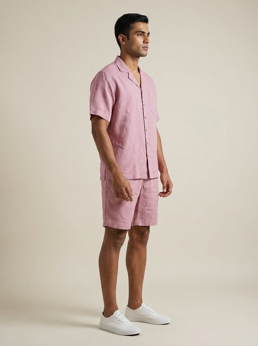 Resort collar Shirt and Shorts Co-ords - Men- 100% Premium Linen - Rose