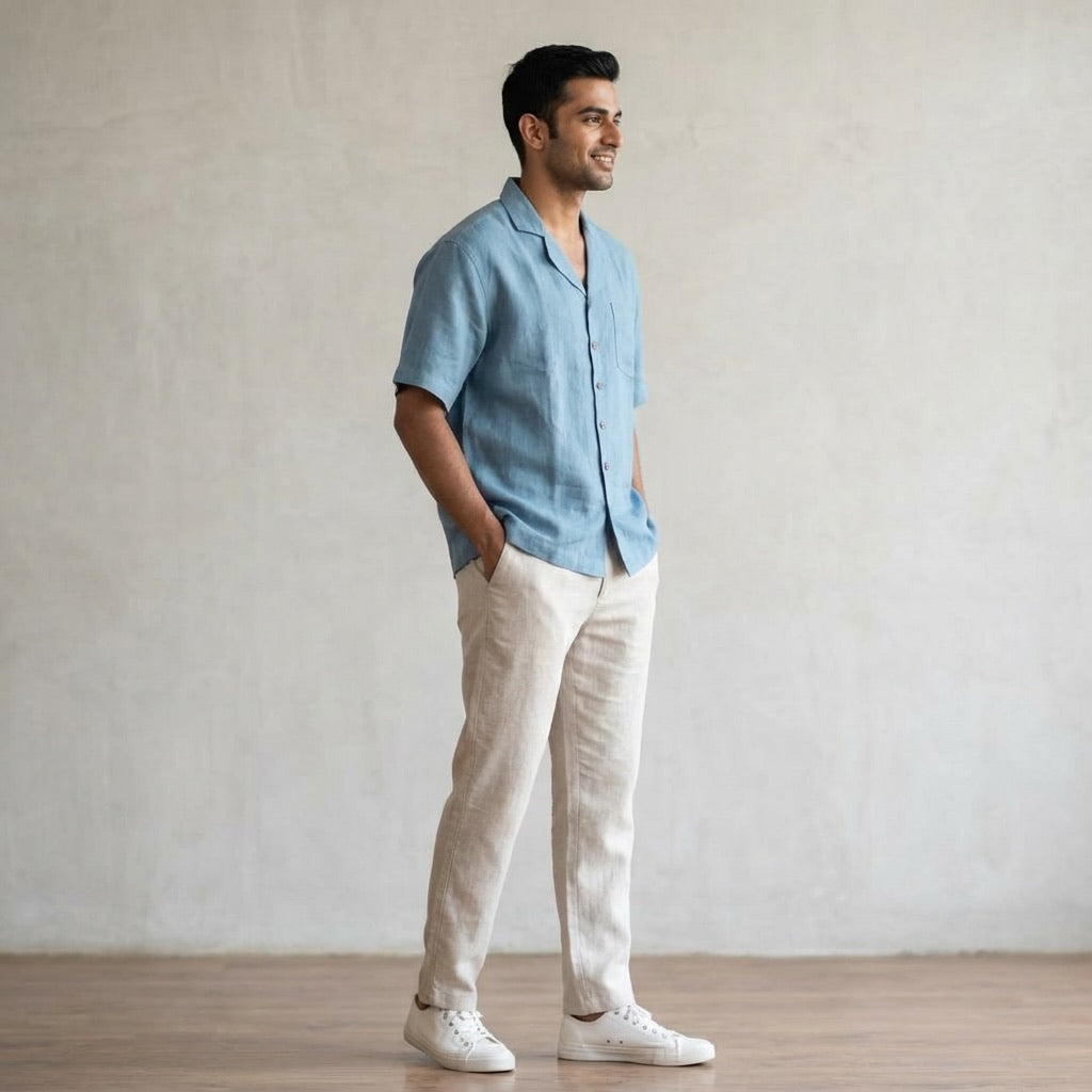 Resort Collar Short Sleeve Shirt - 100% Premium Linen - Men - Aquamarine Blue