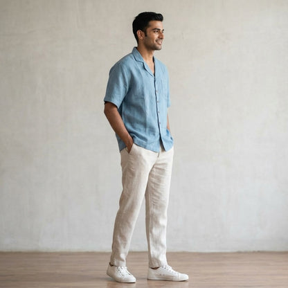 Resort Collar Short Sleeve Shirt - 100% Premium Linen - Men - Aquamarine Blue