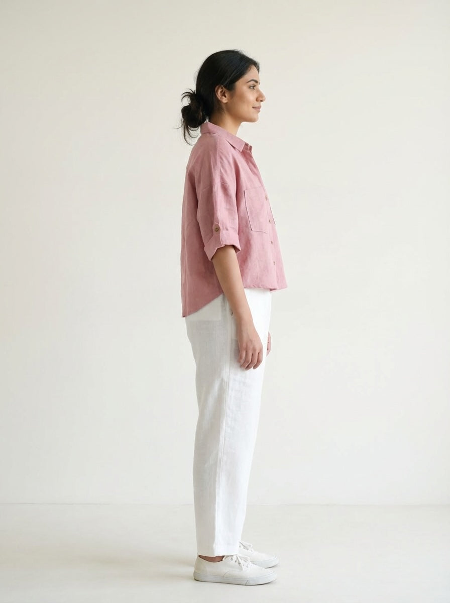 Oversize Boxy Crop Shirt - Women- 100% Premium Linen - Rose