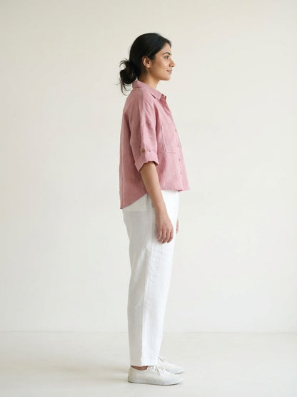 Oversize Boxy Crop Shirt - Women- 100% Premium Linen - Rose