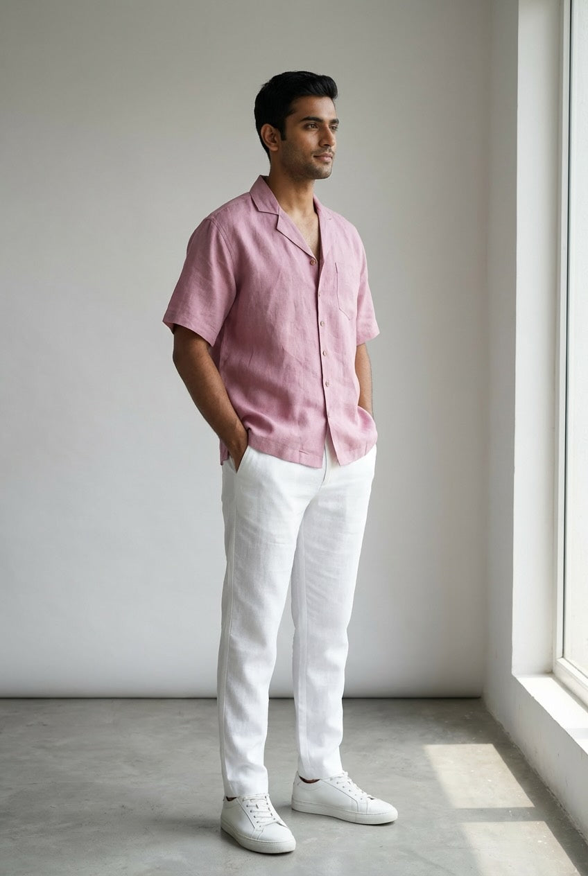 Resort Collar Short Sleeve Shirt - 100% Premium Linen - Men - Rose
