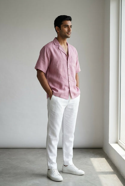 Resort Collar Short Sleeve Shirt - 100% Premium Linen - Men - Rose