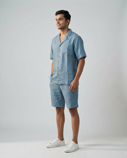 Resort collar Shirt and Shorts Co-ords - Men- 100% Premium Linen - Aquamarine Blue