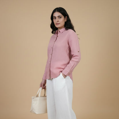 Full-sleeved Regular Shirt - 100% Premium Linen - Women - Rose