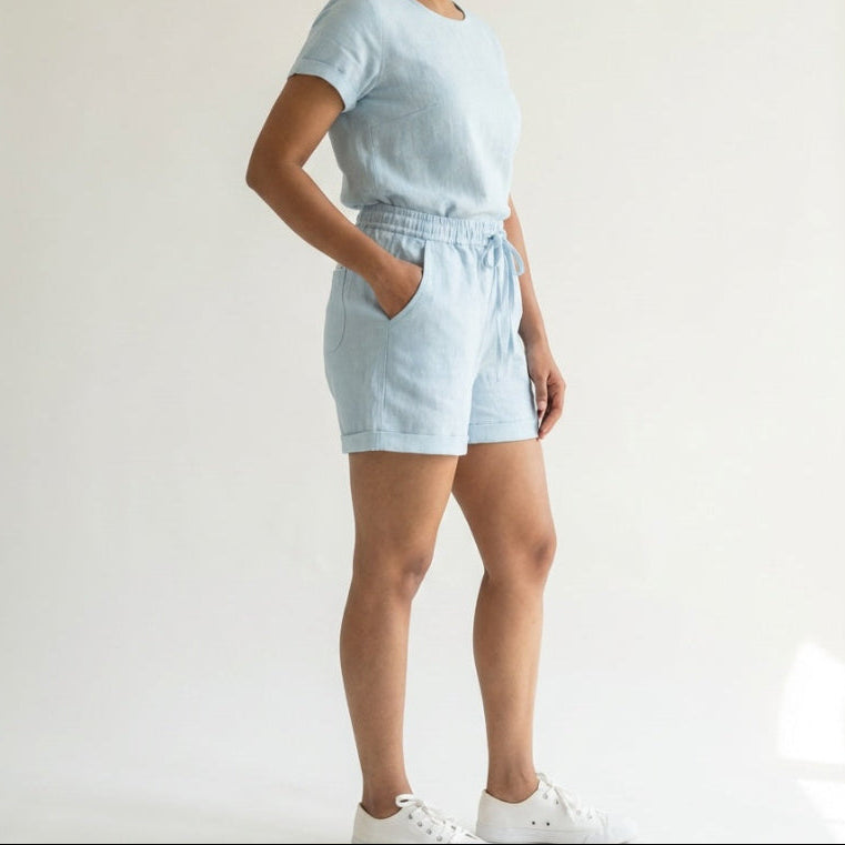 Linen Shorts for Women- Sky Blue