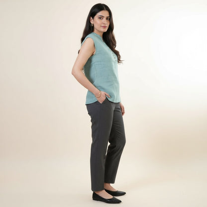 Mandarin Collared Top - 100% Linen - Women - Muted Sage
