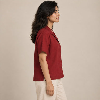 100% Pure Linen Open Collar Half Sleeve Shirt for Women - Maroon