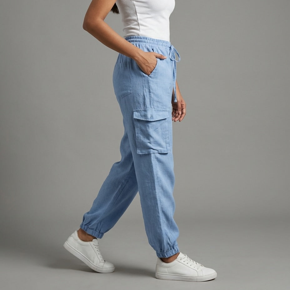 Premium Linen Travel Joggers for Women- Dusty Blue