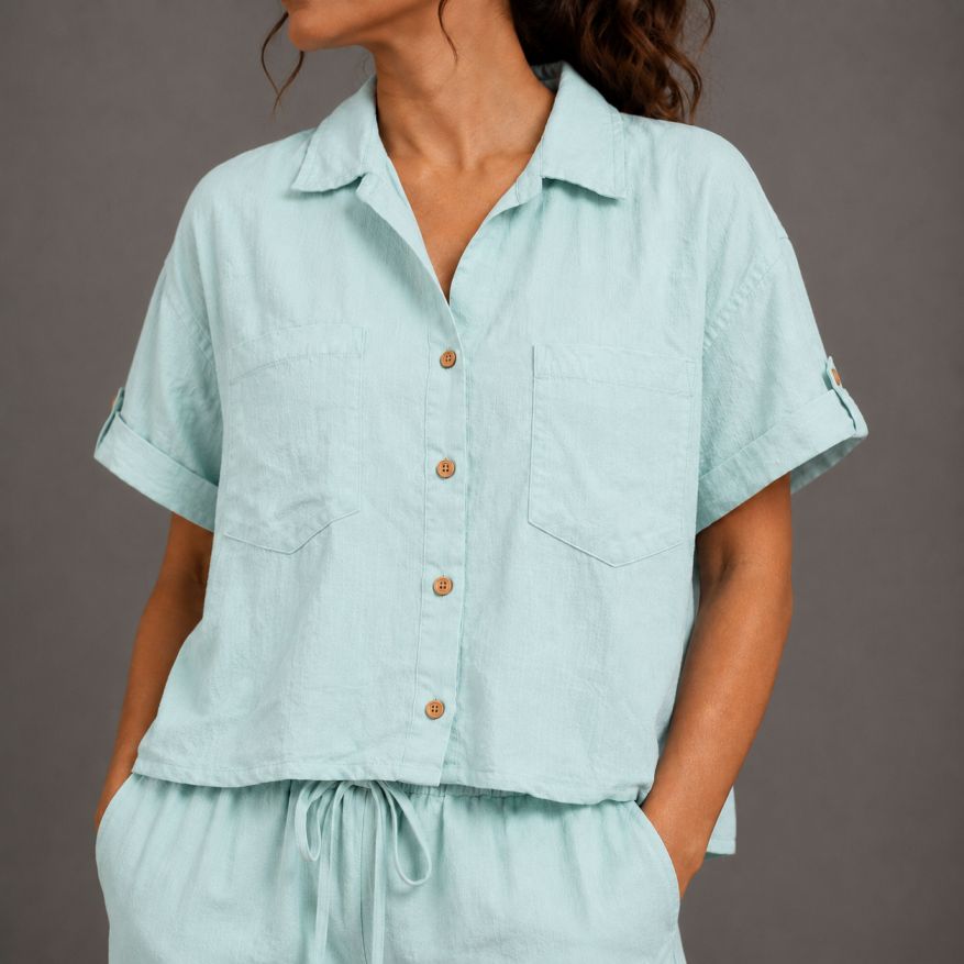 Linen Shorts Co-ord Set for Women-Sky Blue