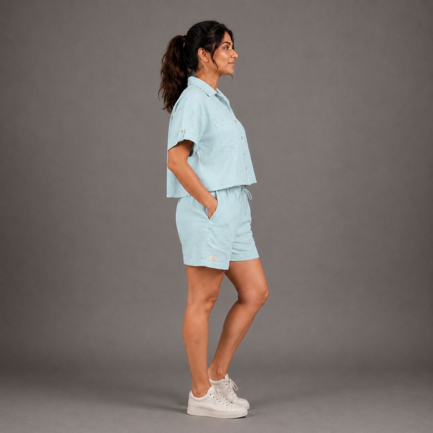 Linen Shorts Co-ord Set for Women-Sky Blue