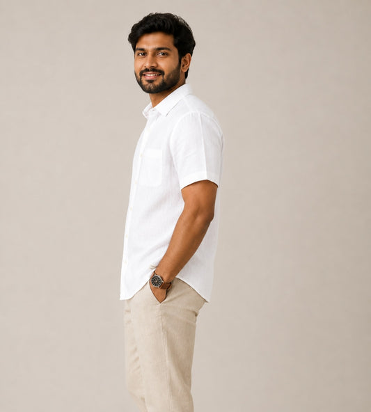 Linen Half-Sleeve Regular Collar Shirt for Men- White