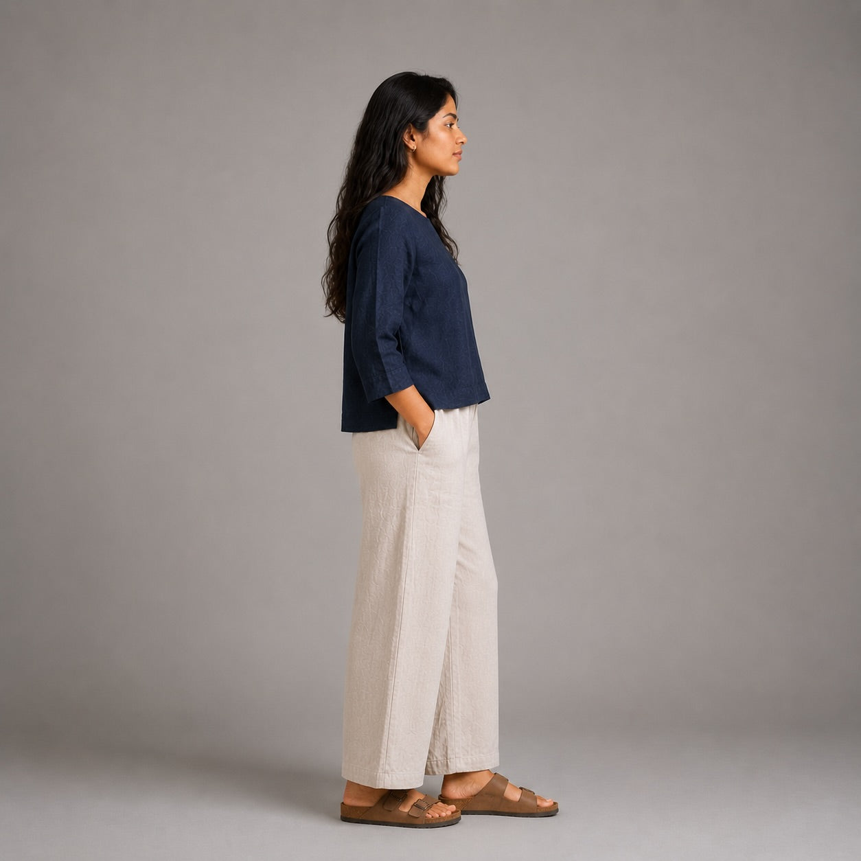 Linen Boat Neck Top for Women - Navy