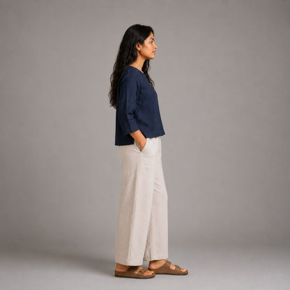 Linen Boat Neck Top for Women - Navy