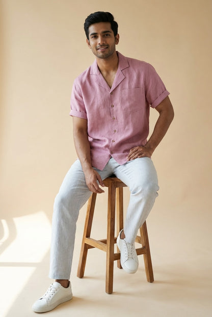 Resort Collar Short Sleeve Shirt - 100% Premium Linen - Men - Rose