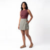 Grey linen skort with pockets, front view on model
