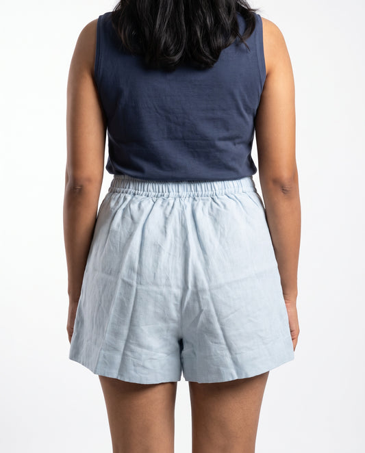 Sky Blue linen skort with pockets, back view with elastic waist