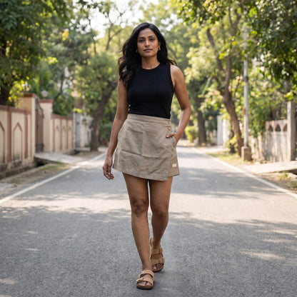 Taupe linen skort with pockets, worn outdoors
