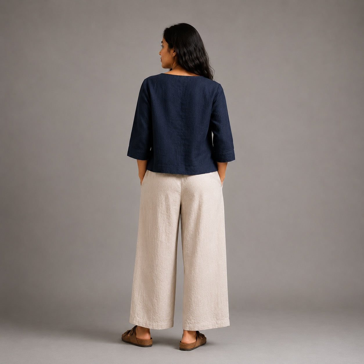 Linen Boat Neck Top for Women - Navy