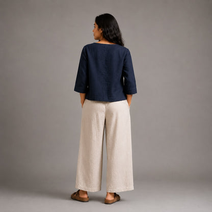 Linen Boat Neck Top for Women - Navy