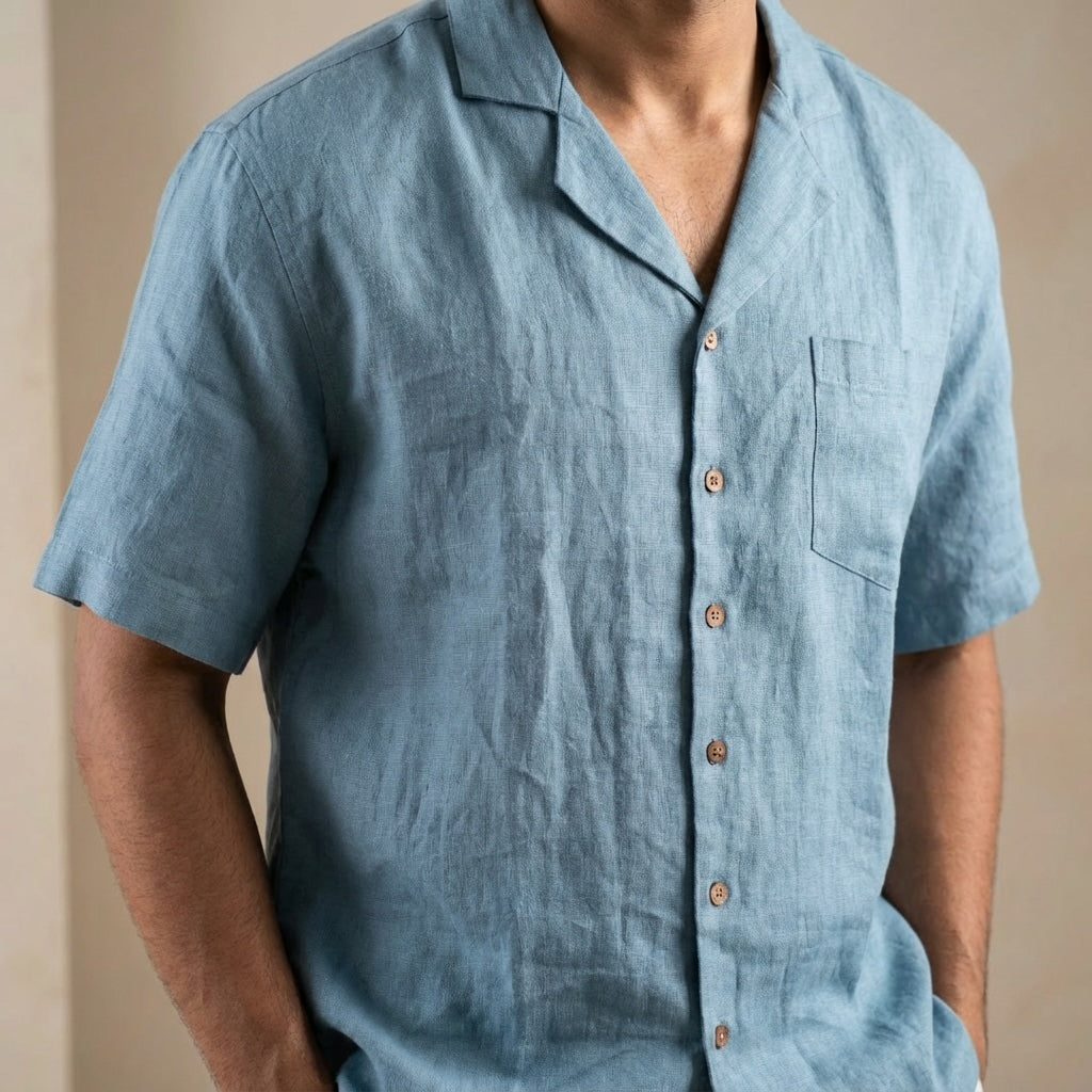 Resort collar Shirt and Shorts Co-ords - Men- 100% Premium Linen - Aquamarine Blue