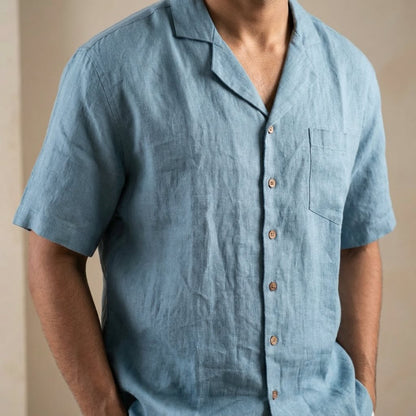 Resort Collar Short Sleeve Shirt - 100% Premium Linen - Men - Aquamarine Blue